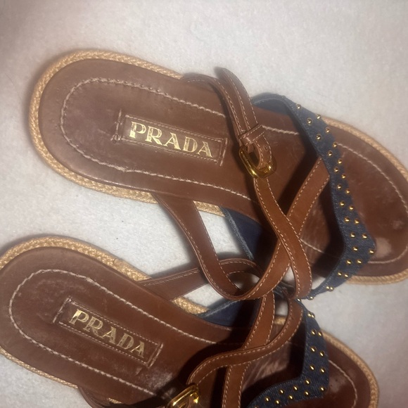 Prada Denim and Leather Tan and Blue Studded Sandals size 7 - Picture 7 of 10